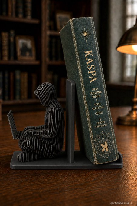 A dark green book titled 'KASPA FIRST TRILEMMA SOLVER + FIRST BLOCKDAG (2021) by JONATAN SOMPOLINSKY' displayed on a stand next to a small sculpture of a seated figure using a laptop.