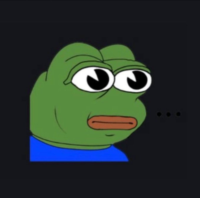 A cartoon illustration of a sad green Pepe the Frog with half-closed eyes and a blue shirt on a black background.
