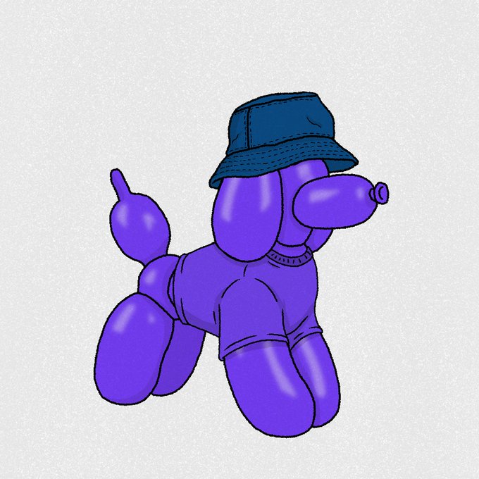 A 3D rendered illustration of a purple balloon-animal dog wearing a blue bucket hat, posed in a walking stance against a plain grey background.