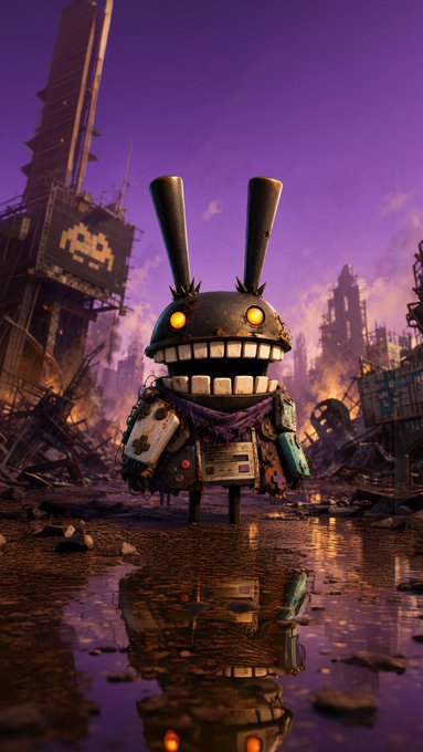A post-apocalyptic 3D rendering of a damaged robot character with bunny-like ears and glowing yellow eyes standing in a ruined cityscape with purple skies.