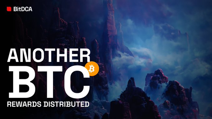 A BitDCA promotional banner with dramatic mountain landscape background announcing 'ANOTHER BTC REWARDS DISTRIBUTED' featuring the Bitcoin orange logo between the letters B and C.