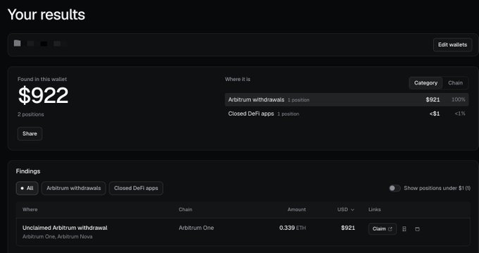 A wallet recovery dashboard shows $922 found across 2 positions, highlighting an unclaimed Arbitrum withdrawal of 0.339 ETH valued at $921 on Arbitrum One and Arbitrum Nova chains, with options to claim the funds.
