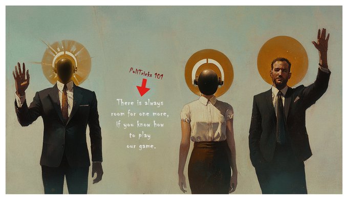 A surreal illustration features three figures in suits with headphones for faces and glowing orange halos, with handwritten text reading "PolitTricks 101" and "There is always room for one more, if you know how to play our game." The artwork's themes of political manipulation and hidden identities behind masks align with the seller's farewell message, suggesting the piece resonated with the new owner before it found its "new place to live forever."