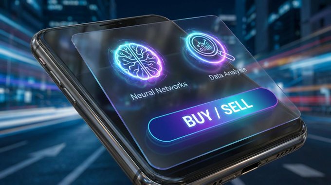 A futuristic smartphone display showing an AI-powered trading app interface with 'Neural Networks' and 'Data Analysis' icons above a glowing 'BUY / SELL' button.