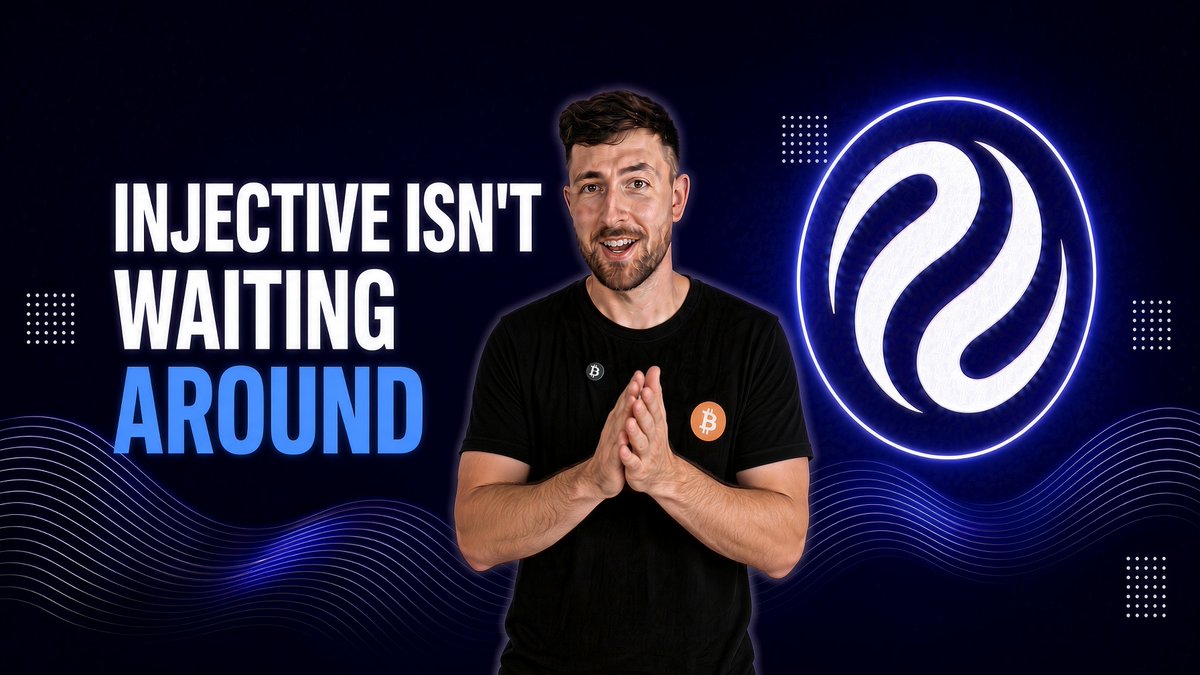 A man wearing a black t-shirt with a Bitcoin logo stands with his hands clasped, alongside text reading "INJECTIVE ISN'T WAITING AROUND" and the Injective logo on a dark blue background.