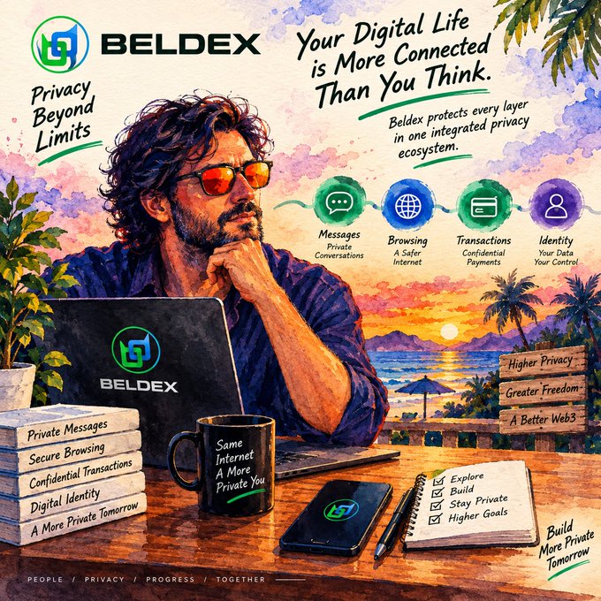 A watercolor-style advertisement for Beldex, a privacy-focused digital platform, featuring a man at a laptop with beach scenery and icons for messaging, browsing, transactions, and identity features.