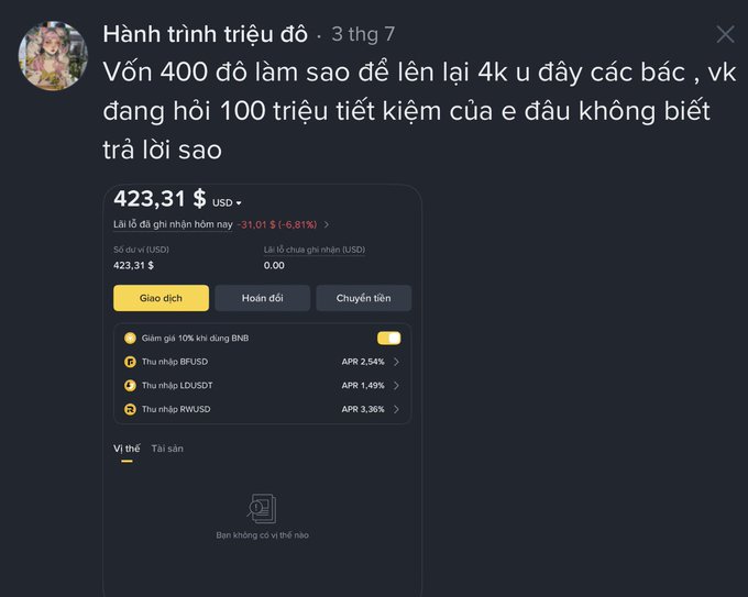 A Binance app screenshot with a Vietnamese caption from 'Hành trình triệu đô' asking how to grow $400 to $4k, displaying a wallet balance of $423.31 USD and various savings APY options.