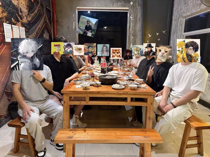 A group of twelve friends gathered around a wooden dining table in Shenzhen for a hot pot dinner organized by the TC group (with thanks to @TC8880 and Chef Hong), with each person's face obscured by anime characters, cat memes, and various pop-culture images as a playful privacy choice.