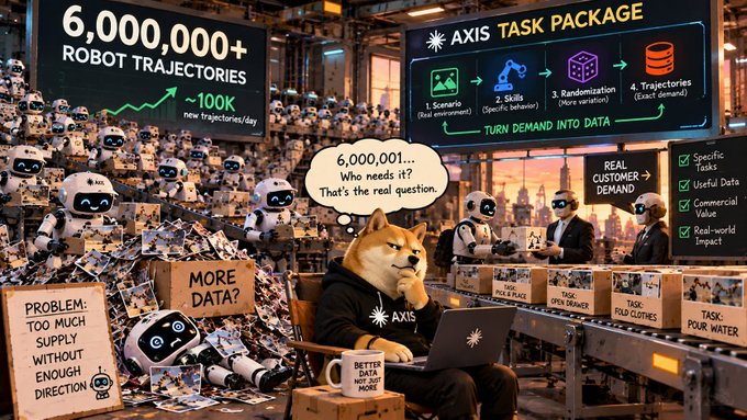 An AI-generated meme featuring the 'Better Doge' character wearing an 'AXIS' hoodie, depicting a robotic data factory and asking '6,000,001... Who needs it? That's the real question.'