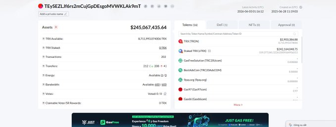 The image features a screenshot of a computer screen with information about Tron Inc., showing their latest holdings, which include an increase of 147,106 TRX worth of tokens and the reserves at over 698,6 million tokens.