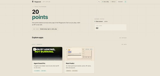 A screenshot of the Playground app catalog webpage showing a '20 points' rewards balance and apps like 'Agent Grand Prix' and 'Rain Predict'.