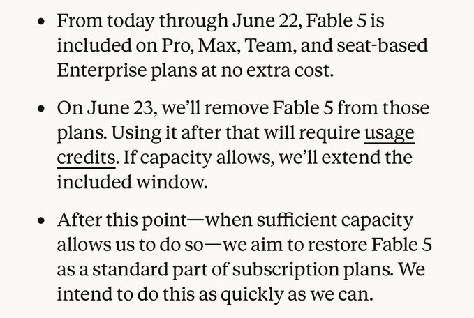 The image shows a white background with black text that reads "From today through June 22, Fable 5 is included on Pro, Max, Team, and seat-based Enterprise plans at no extra cost." The text also includes an explanation of what this means in terms of stock picking strategies for AI investments.