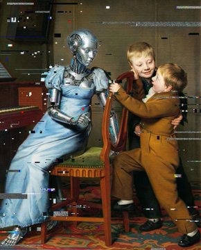 A vintage sci-fi illustration showing a metallic robot and a child interacting with a seated man in a room.