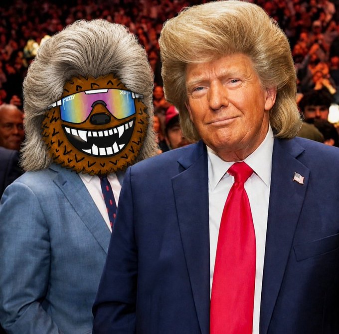 Fuzzy, a character with a bear face, large grey hair, and sunglasses labeled "FUZZY," stands next to a man resembling Donald Trump (POTUS).