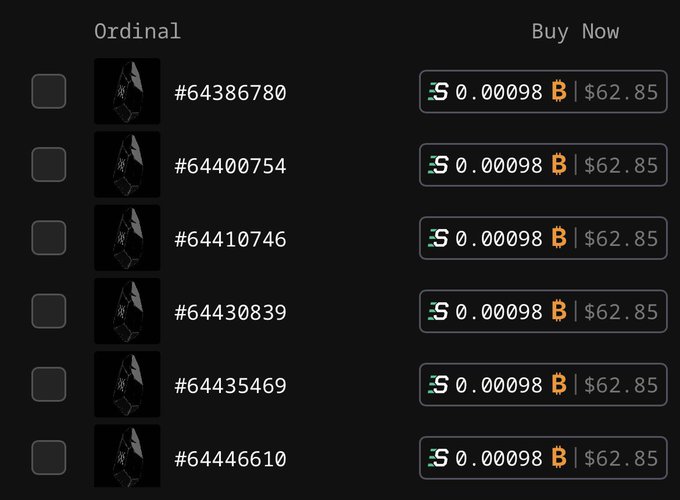 The image shows a list of Runestone Ordinals (#64386780, #64400754, #64410746, #64430839, #64435469, #64446610) all listed at 0.00098 BTC (~$62.85) for "Buy Now" on Satflow, supporting the post's claim of a fire sale with prices starting at .00098 BTC.