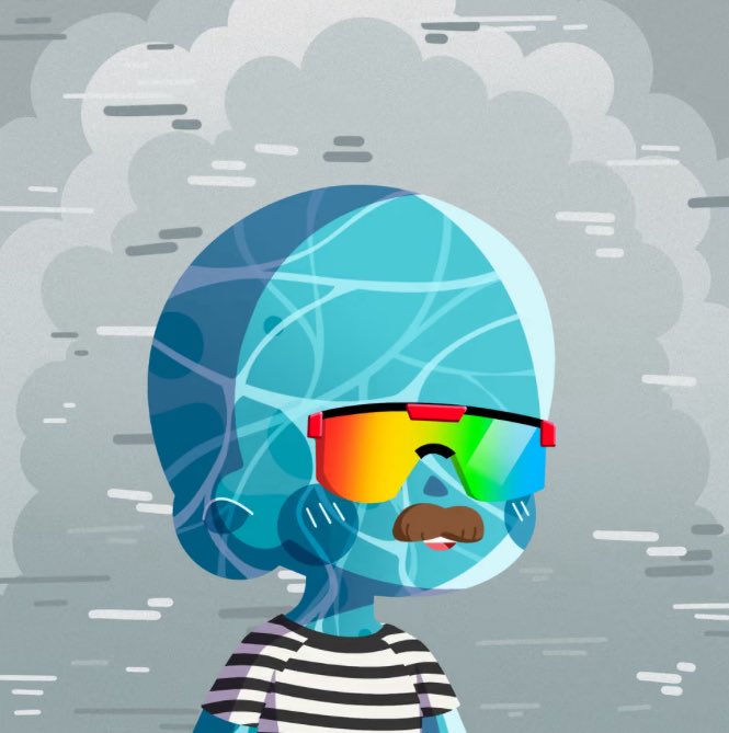 A cartoon illustration of a blue-skinned character wearing oversized rainbow sunglasses and a striped black and white shirt against a cloudy gray background.