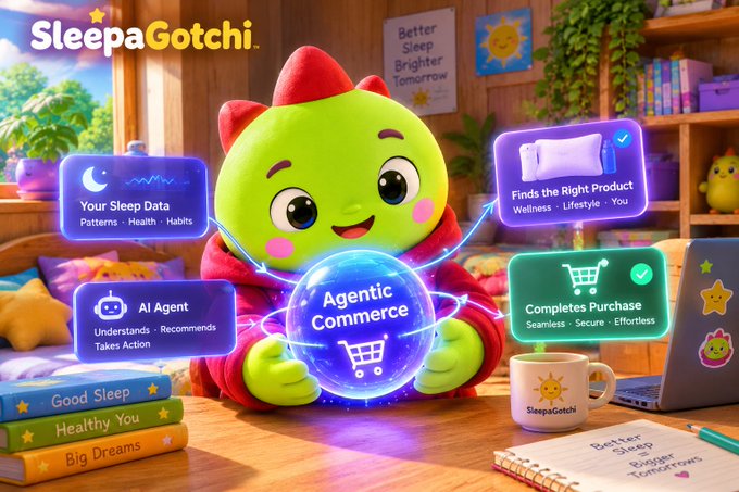 A colorful advertisement for 'SleepaGotchi' featuring a green cartoon character mascot surrounded by feature highlights including 'Your Sleep Data', 'AI Agent', 'Agentic Commerce', 'Finds the Right Product', and 'Completes Purchase'.