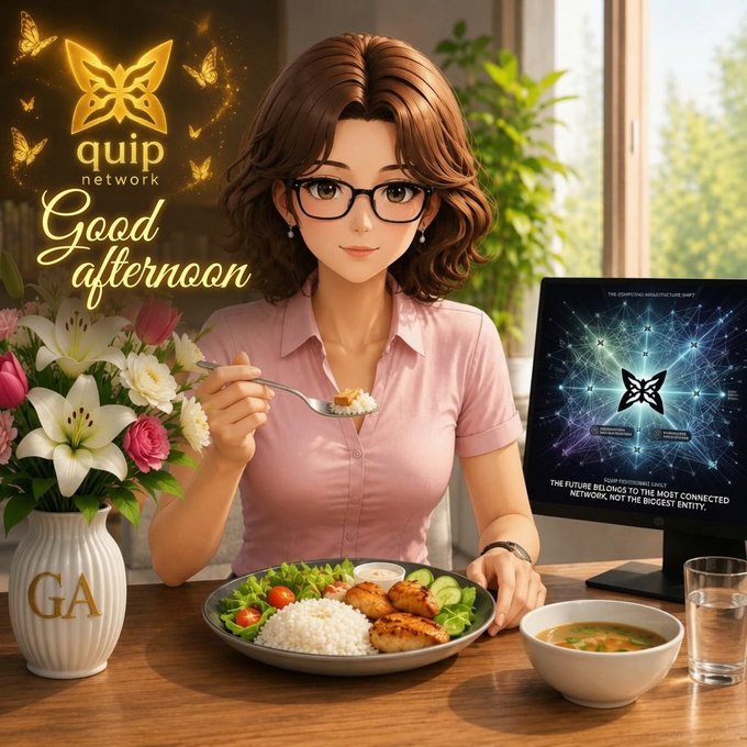 A woman with glasses sits at a table enjoying a meal, with the "Quip Network" butterfly logo and "Good afternoon" text displayed alongside her. A monitor beside her shows the Quip Network interface with the tagline "The future belongs to the most connected network, not the biggest entity," visually reinforcing the post's message about early builders and Quip Network's growing momentum.