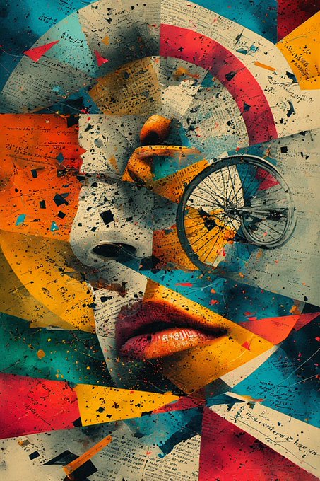 A colorful abstract collage artwork featuring a fragmented face composed of geometric shapes in yellow, blue, red, and orange, with elements of sheet music, a bicycle wheel, and textured patterns.