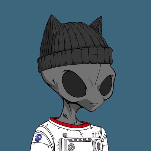 A digital illustration of a gray alien with large black eyes wearing a black beanie and a NASA-branded shirt against a teal background.