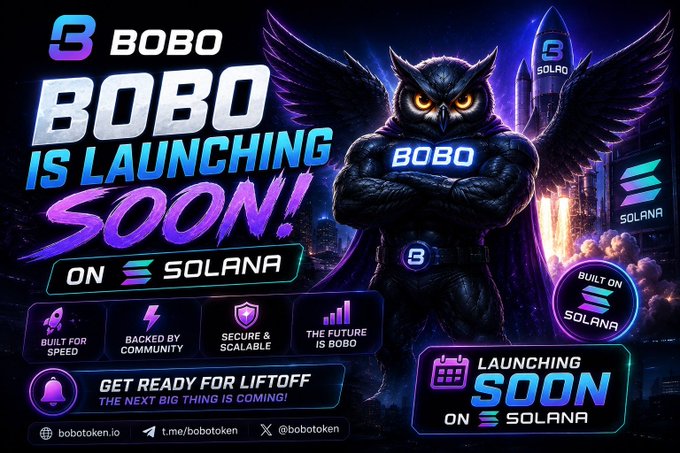 A promotional graphic for 'BOBO' token announcing its launch on Solana, featuring a black owl character with arms crossed, with details like 'IS LAUNCHING SOON!', 'ON SOLANA', and social handles @bobotoken.