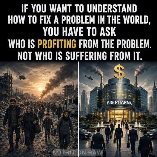 A quote meme reading 'IF YOU WANT TO UNDERSTAND HOW TO FIX A PROBLEM IN THE WORLD, YOU HAVE TO ASK WHO IS PROFITING FROM THE PROBLEM. NOT WHO IS SUFFERING FROM IT' alongside images contrasting suffering refugees with a 'BIG PHARMA' building.
