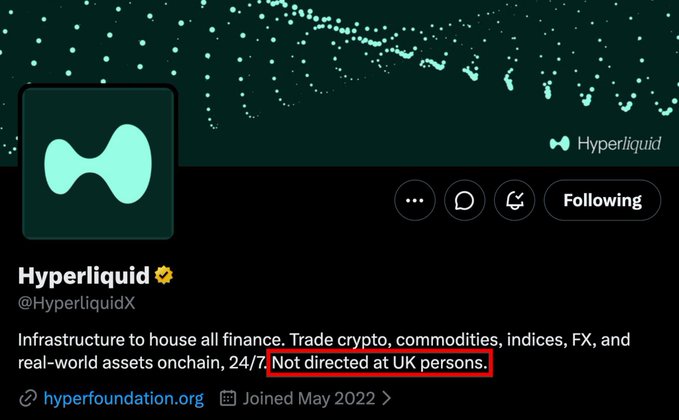 A Twitter/X profile page for Hyperliquid (@HyperliquidX) with its logo, describing itself as "Infrastructure to house all finance. Trade crypto, commodities, indices, FX, and real-world assets onchain, 24/7," with the phrase "Not directed at UK persons" highlighted in a red box.