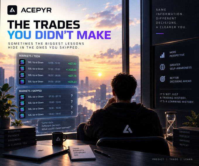 A promotional graphic for ACEPYR featuring the headline 'THE TRADES YOU DIDN'T MAKE' with two tables comparing 'MARKETS I TOOK' showing positive returns and 'MARKETS I SKIPPED' marked with question marks. A person sits facing a sunset cityscape view while surrounded by books labeled with words like 'DISCIPLINE' and 'PATIENCE'.