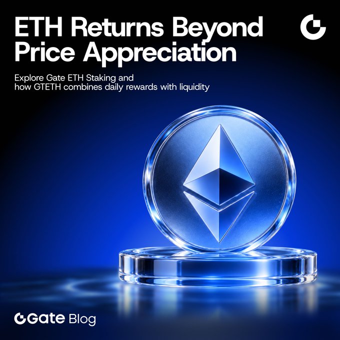 A promotional graphic for Gate Blog titled "ETH Returns Beyond Price Appreciation," featuring a stylized Ethereum coin, that aligns with the post's message of encouraging ETH holders to use Gate's staking service to earn yield rather than letting assets sit idle.