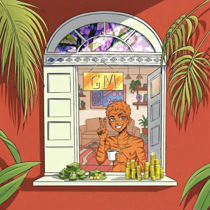 A cartoon shirtless man with orange hair sits in a doorway holding a coffee mug, flashing a peace sign, with stacks of cash and coins beside him and a "GM" sign hanging in the window, perfectly matching the cheerful "Gm 🧡" greeting.