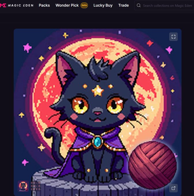 A pixel art NFT displayed on the Magic Eden marketplace featuring a black cat with orange eyes and a star on its forehead, wearing a purple cape, sitting in front of a large red moon with a ball of yarn beside it.
