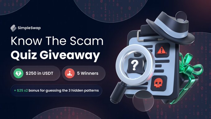 A SimpleSwap promotional graphic titled 'Know The Scam Quiz Giveaway' offering '$250 in USDT' to '5 Winners' with a bonus for guessing 3 hidden patterns, featuring 3D illustrations of a clipboard with a detective hat, magnifying glass, and gift.