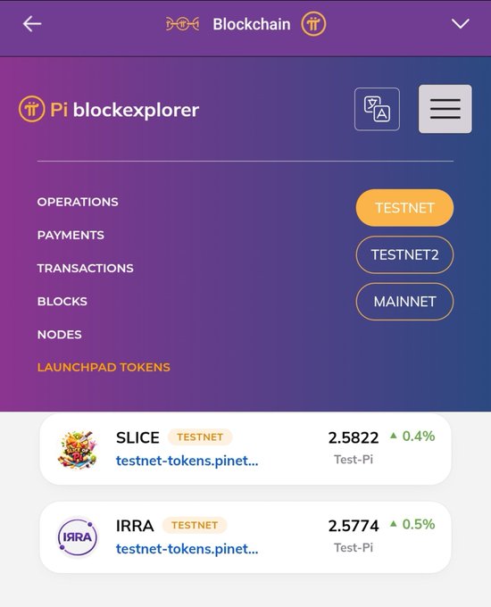 The image shows the Pi blockchain explorer interface displaying TESTNET, TESTNET2, and MAINNET network options, along with two launchpad tokens—SLICE (2.5822, +0.4%) and IRRA (2.5774, +0.5%)—both priced in Test-Pi, illustrating the kind of asset movement and token infrastructure referenced in the post about Pi DEX development.
