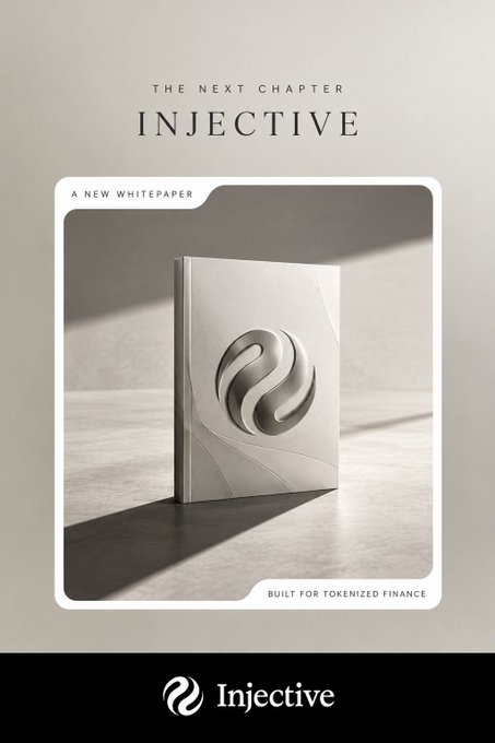 A promotional graphic titled "THE NEXT CHAPTER INJECTIVE" advertising "A NEW WHITEPAPER" that is "BUILT FOR TOKENIZED FINANCE," featuring an image of a book with the Injective logo on its cover.