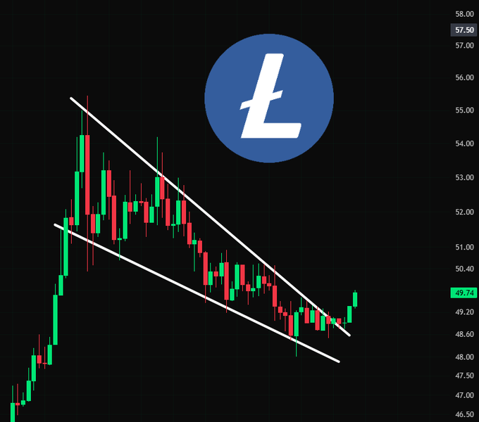 The image displays a Litecoin (LTC) candlestick chart showing a descending channel pattern, with the price recently breaking upward from the lower trendline and currently trading at $49.74, suggesting a potential bullish breakout from the downtrend.

The chart features the Litecoin "Ł" logo and price levels ranging from $46.50 to $58.00, with the recent green candles pushing above the lower trendline—reinforcing the post's hint that LTC may be gearing up for a price surge as it exits its bearish channel.