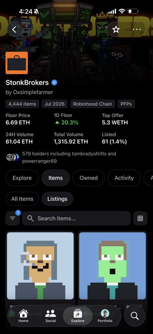An NFT marketplace page displaying 'StonkBrokers' by Oxsimplefarmer with a verified badge, featuring 4,444 items on Robinhood Chain (Jul 2026) PFPs, with a Floor Price of 6.69 ETH, 1D Floor up 20.3%, Top Offer of 5.3 WETH, and Total Volume of 1,315.92 ETH.