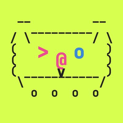 Digital illustration of a ticket with yellow-green background, pink and blue symbols, and four circles at the bottom.