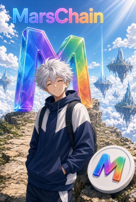 Anime-style artwork titled 'MarsChain' featuring a white-haired smiling character in a blue jacket with a colorful M logo, floating islands, and a coin at the bottom.