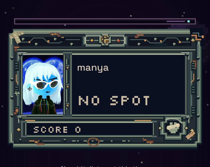 A pixel art UI screen displaying "manya", "NO SPOT", and "SCORE 0" alongside a stylized avatar of a character with white hair and sunglasses.