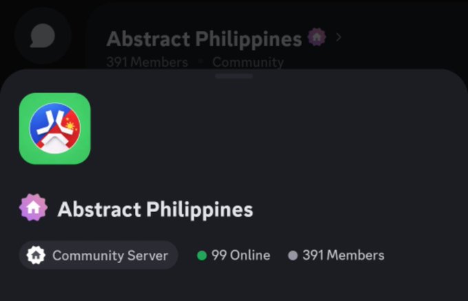 A Discord community server profile for 'Abstract Philippines' showing 391 members and 99 online, with a Filipino-themed logo.