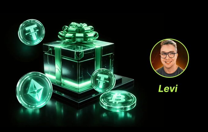 A digital illustration featuring a glowing green gift box surrounded by cryptocurrency coins (USDT, Ethereum, Bitcoin), with a circular profile photo labeled 'Levi' on the right.