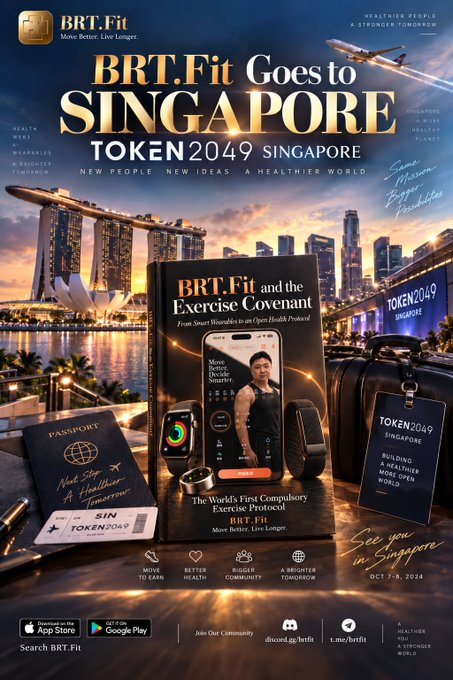 A promotional poster for 'BRT.Fit' advertising an event called 'TOKEN2049 SINGAPORE' scheduled for October 7-9, 2024, featuring health-related product imagery.