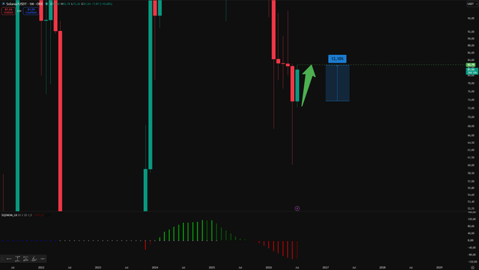 A Solana ($SOL) monthly candlestick chart shows a strong bullish reversal, with a large green arrow pointing to a recent +12% surge (priced at ~141.55) following a sharp decline, confirming the analyst's prediction of an imminent bounce highlighted by the green histogram below.