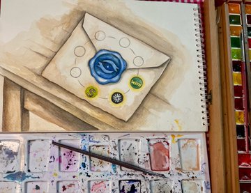 A watercolor painting in a sketchbook showing an envelope sealed with blue wax and decorative stamps, resting on a wooden surface next to a paint palette and brush.