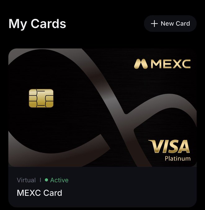 A screenshot of a "My Cards" interface displays a virtual MEXC Visa Platinum card marked as "Active," with a "+ New Card" option in the upper right, visually illustrating the post's warning against signing up for a MEXC card due to the exchange's controversial reputation.