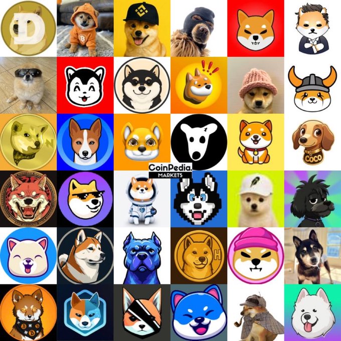 A grid collage featuring various cartoon and illustrated dog breeds, primarily Shiba Inus and similar dogs, many dressed in costumes or accessories, with a 'CoinPedia MARKETS' logo in the center.