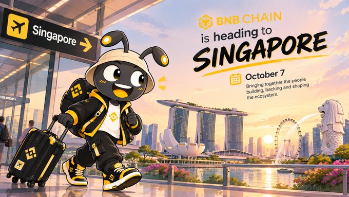 Promotional graphic for BNB Chain featuring its mascot with a suitcase at an airport gate labeled 'Singapore', with text announcing the event in Singapore on October 7.