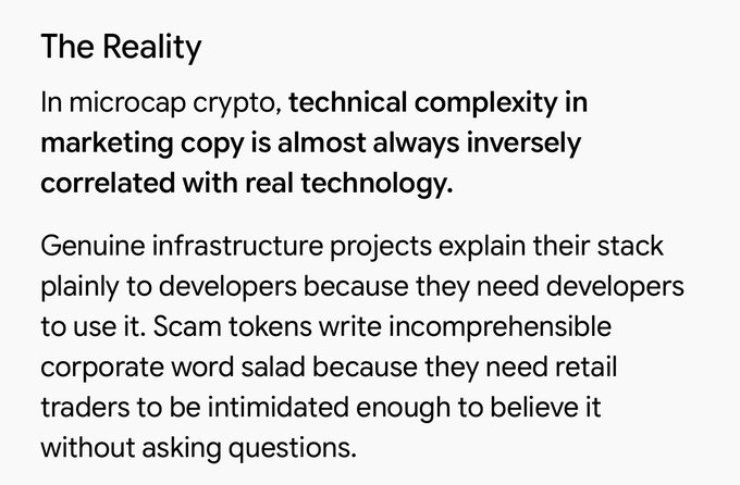 The image is a text-based post titled "The Reality," arguing that technical complexity in microcap crypto marketing is inversely correlated with real technology, noting that genuine projects explain their stack plainly while scam tokens use incomprehensible jargon to intimidate retail traders. This reinforces the accompanying post's point that legitimate products use basic language, while complex jargon is a red flag for scams.