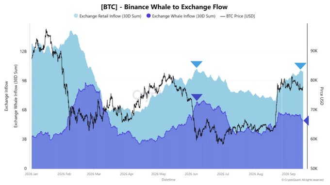 The image is a 30-day stacked area chart titled "[BTC] – Binance Whale to Exchange Flow," showing retail inflows (light blue) and whale inflows (dark blue) on the left axis, alongside BTC price in USD (black line) on the right axis, plotted from January 2026 to September 2026. The chart highlights a notable divergence where retail inflows surged to dominate whale inflows by 106% in late August/early September, coinciding with a BTC price rally toward ~$85K and occurring just ahead of a Fed meeting, visually supporting the accompanying post's claim of bullish behavioral divergence between retail and whale exchange activity.