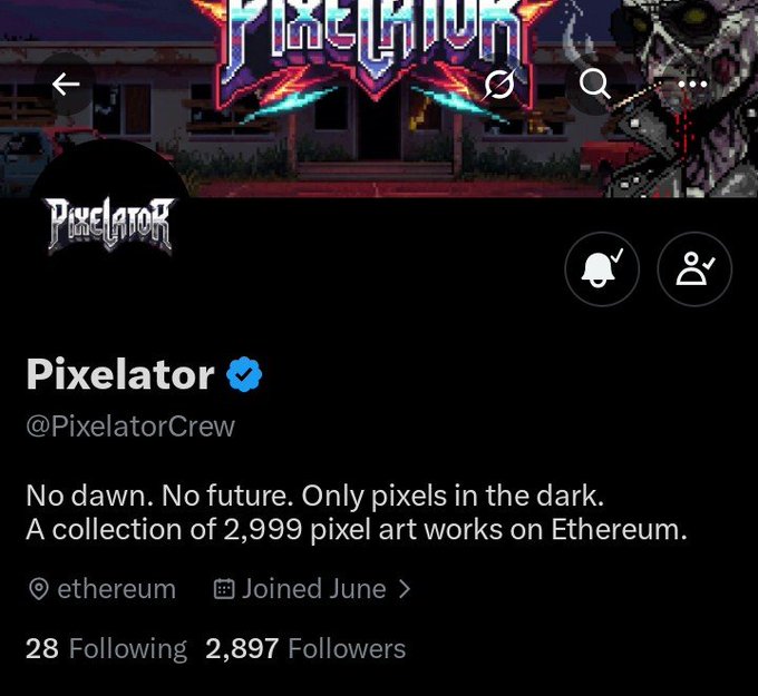 The image shows the Twitter/X profile page for **Pixelator (@PixelatorCrew)**, a verified account on Ethereum featuring a collection of 2,999 pixel art works with 2,897 followers, accompanied by a retro pixelated banner. This aligns with the post's promotion of the project as early alpha with a 2,999 supply on the ETH chain and an upcoming mint date.